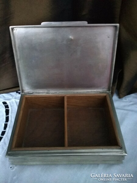 Antique wooden inlay mint silver-plated alpaca card, cigar or jewelry box from the 50s!