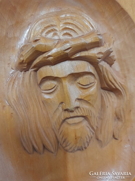 Hand-carved wooden Jesus head, wall decoration. 23 Cm.