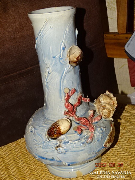 Antique majolica sea shell coral fish motif vase
