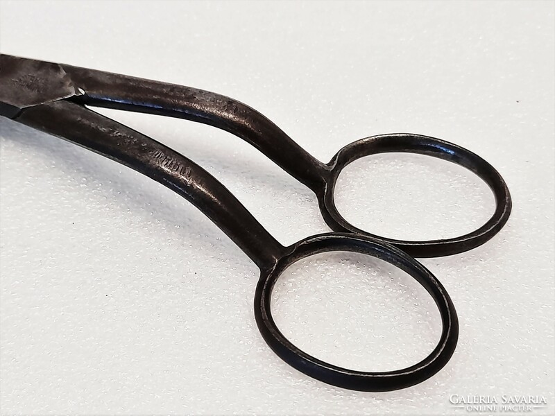 Antique French-inscribed German forged steel candle scissors, wick cutter