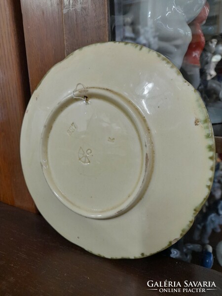 Old dome wine grape pattern glazed ceramic wall plate. Marked. 17.5 Cm.