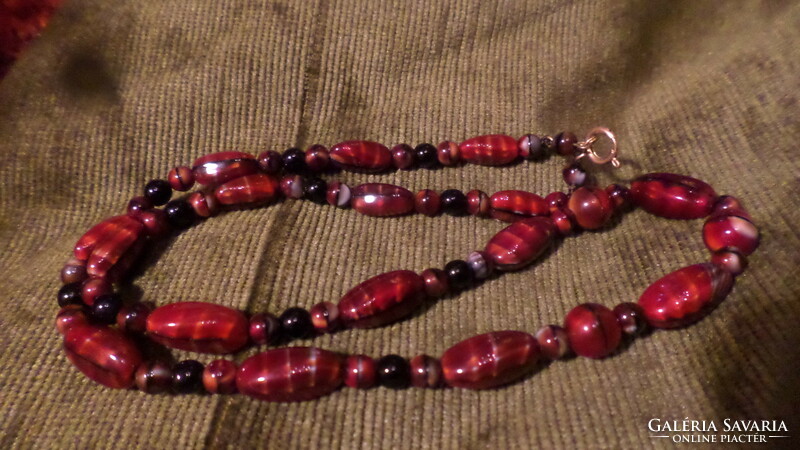 55 cm, very special, red-black, vintage necklace made of handmade glass beads.