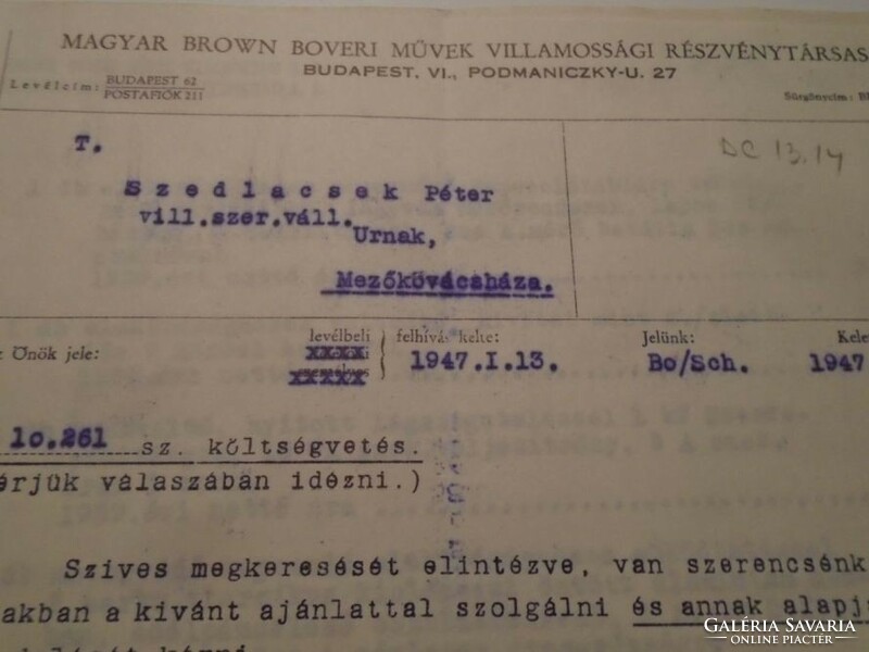 ZA492.37 MAGYAR BROWN BOVERI MŰVEK  - Szedlacsek Péter - Mezőkovácsháza  1947 - villamossági téma