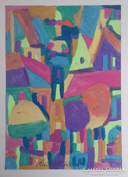 Miklós Cs. Németh (1934-2012: colorful houses. Marked painting.