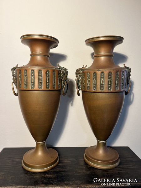 Szecessziós sárgaréz váza szatírfej fogantyúkkal, Belgica DF Belgium 19. századi nagy sárgaréz és br