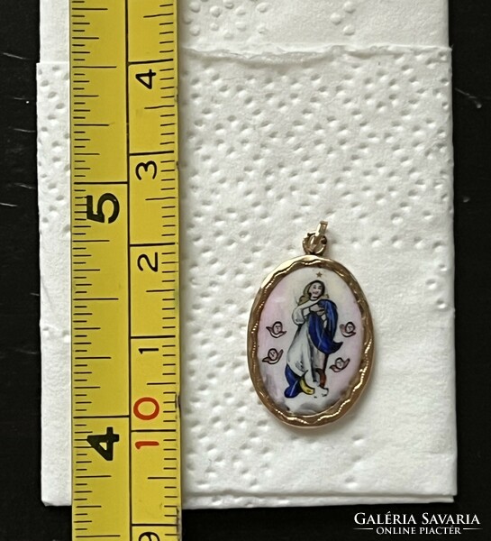 Antique gold Virgin Mary pendant, fire enamel, porcelain
