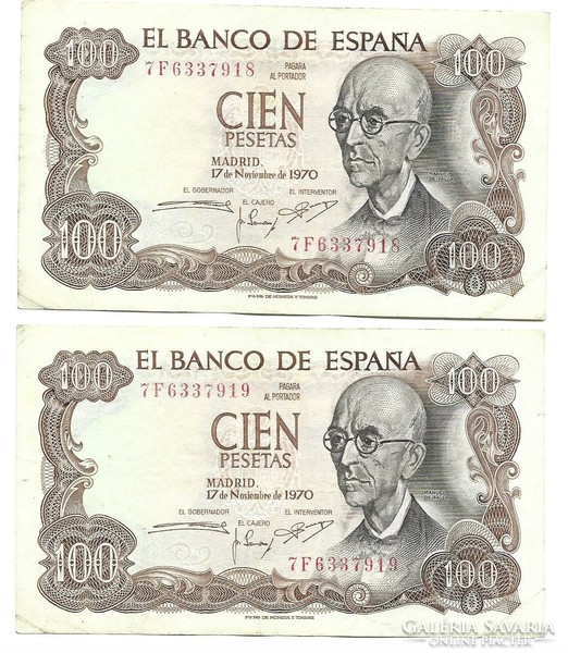 2 X 100 pesetas pesetas 1970 Spain 4. Beautiful serial number tracker