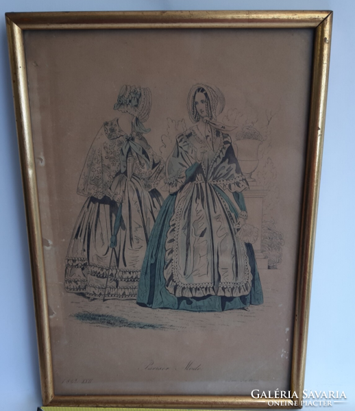 Antique colored etching, lithograph, graphic in gold frame. 17X24 cm pariser mode 1842 xxii