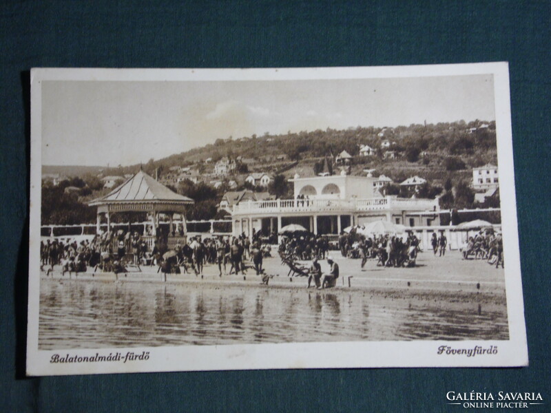 Képeslap, Balatonalmádi fürdő, Fövényfürdő, part  strand részlet emberekkel, 1940