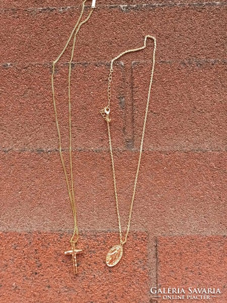Gilded cross and Virgin Mary medal on chain - necklace pair in one / favor object