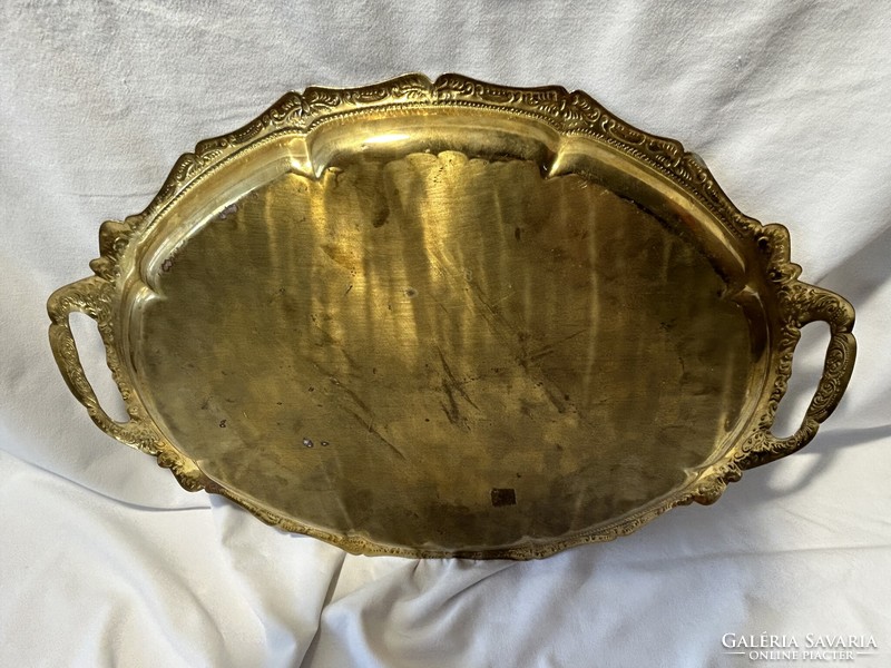 Old copper engraved tray with large handles