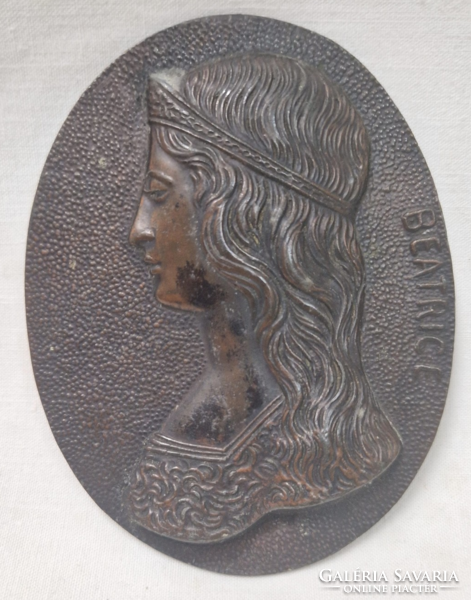 Antique dante and beatrice bronze portrait relief or plaque sold together with hanger 11 cm.