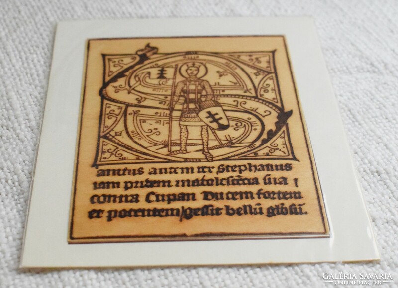Szent István , 1991 Pápalátogatás emlékére , lézergravírozott falemez kép új 12,8 x 10,8 cm