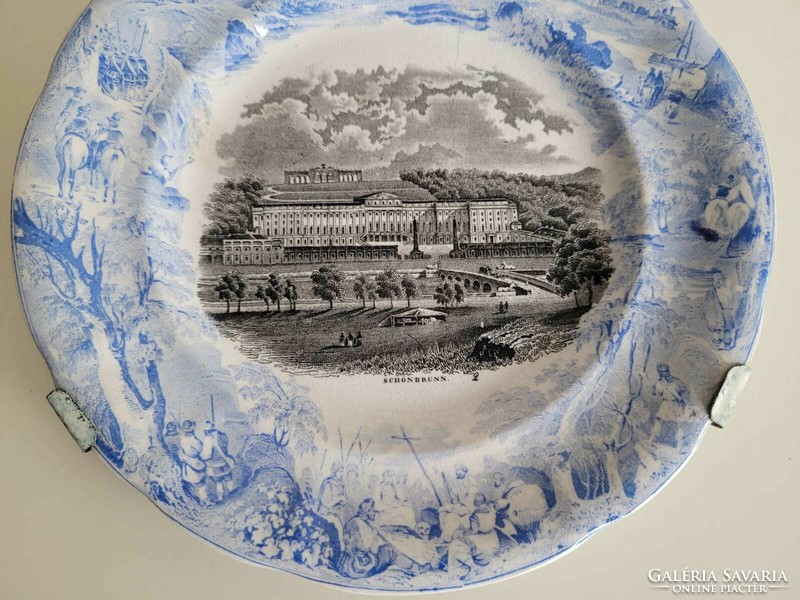 Antik fajansz fali tányér majolika Schönbrunn kastély motívumos falidísz 20 cm