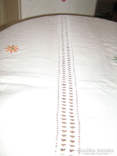 Beautiful huge hand-crocheted bedspread with inset and edge flower embroidery