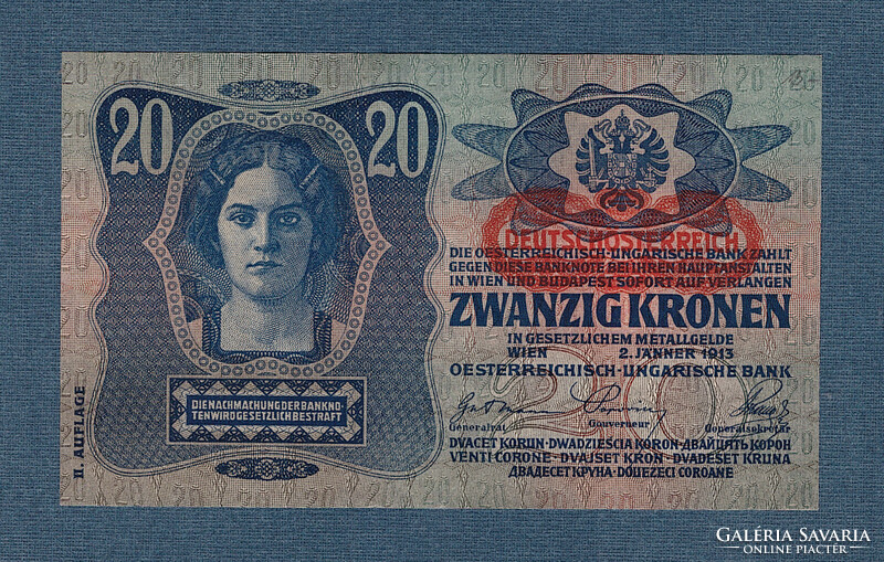 20 Korona 1913 II. kiadás Deutschösterreich bélyegzés   aUNC - UNC