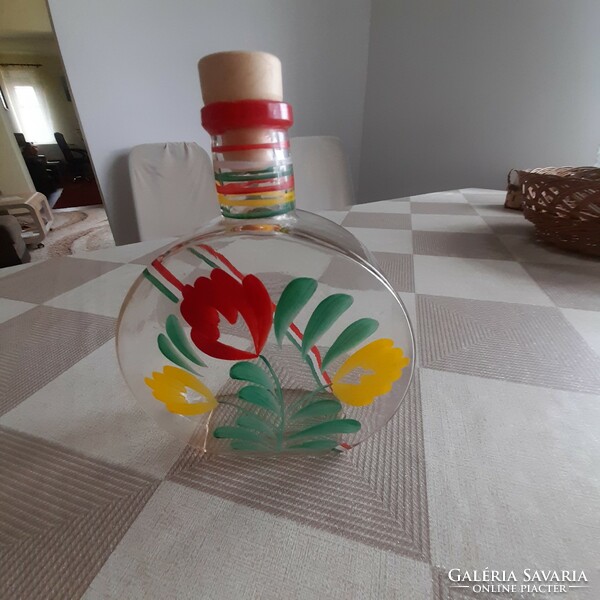 Hand-painted, tricolor, old brandy bottle