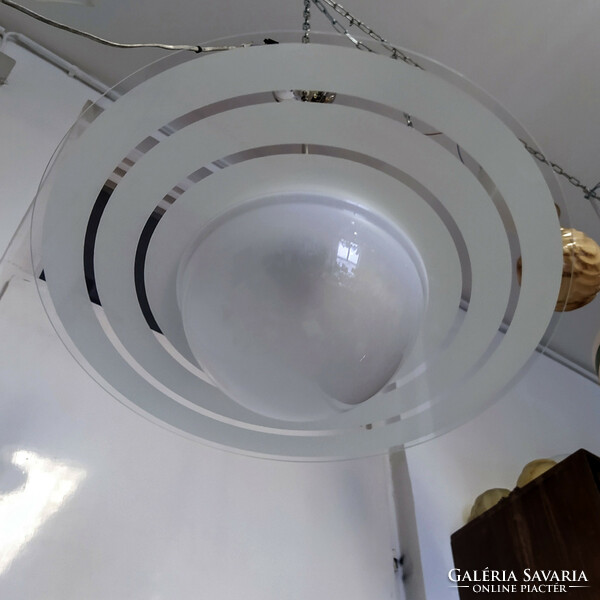 Art deco nikkelezett menyezeti lámpa felújítva - tejüveg búra + savmart üveg tárcsa (Szaturnusz)