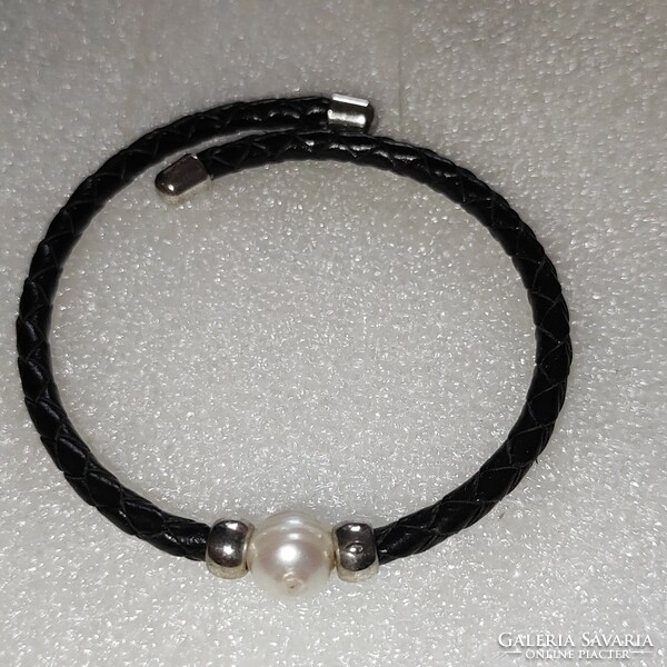Baroque pearl black leather elastic comfortable bracelet