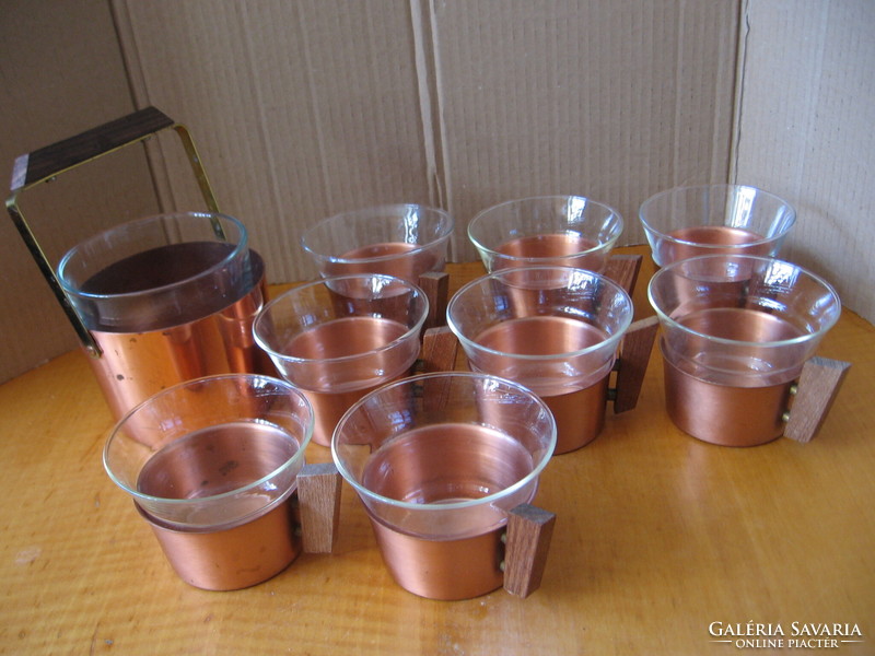 Jena tea, mulled wine and coffee glasses in a copper holder with wooden handles, 8 pcs., and a sugar