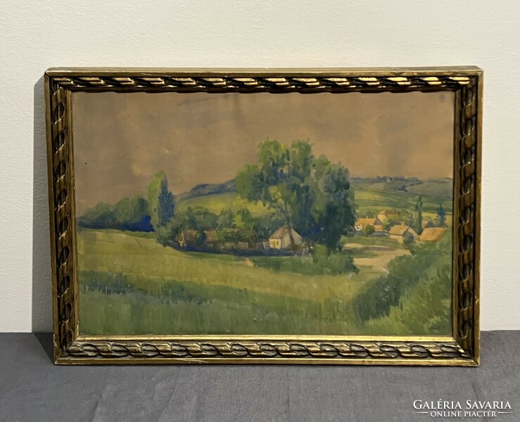 Léránt Zoltán (1902-1936) Falu a dombok között - akvarell festmény antik keretben /számlát adunk/