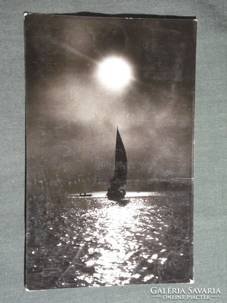 Képeslap, Balaton látkép, naplemente, vitorlás hajó