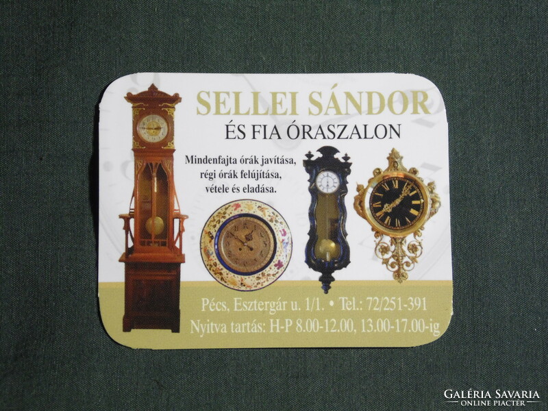 Card calendar, small size, Sándor Sellei watch salon shop, repair, antique wristwatch, standing clock Pécs, 2010, (6)