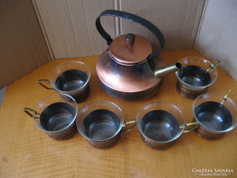 Retro Jena glass tea, coffee, mulled wine set with jug, 6 glasses in a copper holder