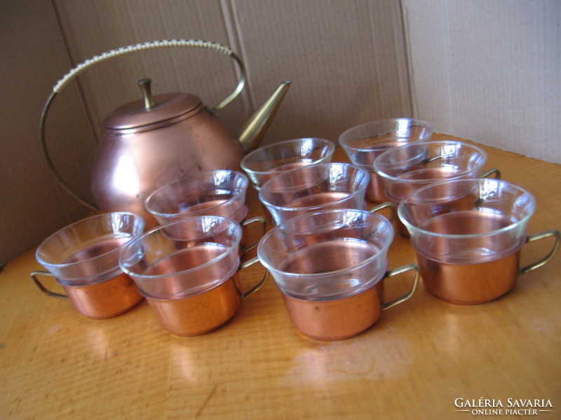 Retro réz teás kanna fonott füllel, 9 jénai üveg pohárral réz betétekben teás, forralt boros,kávés