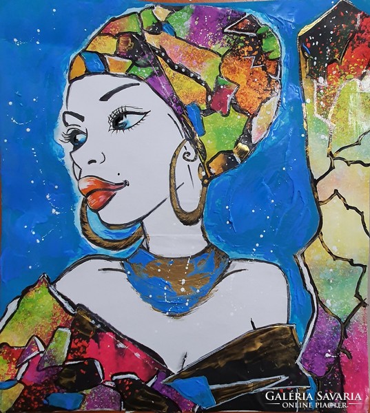 " Színes Afrika sorozat - Kék szeműs   "   - kollázs/ marker /akril  / papír  festmény