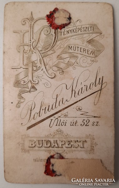 Antique business card (cdv) photo, portrait of a man in uniform, Károly Pobuda, Budapest, 1880s