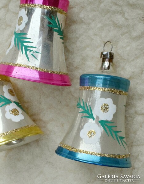 3 pieces old glass bell Christmas tree decoration 5.8 x 7.5 cm - painted, glitter