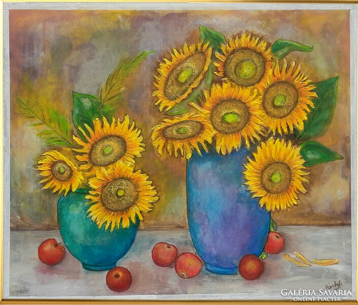 Sunflowers with apples. 80X95 cm enamel painting. Zsófia Károlyfi/1952. , with a certificate from a premium award-winning artist.