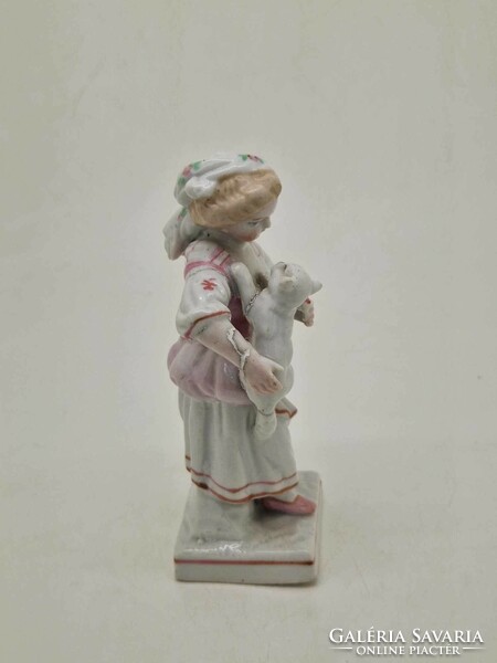 German antique porcelain figurine of a little girl with a cat 13 cm