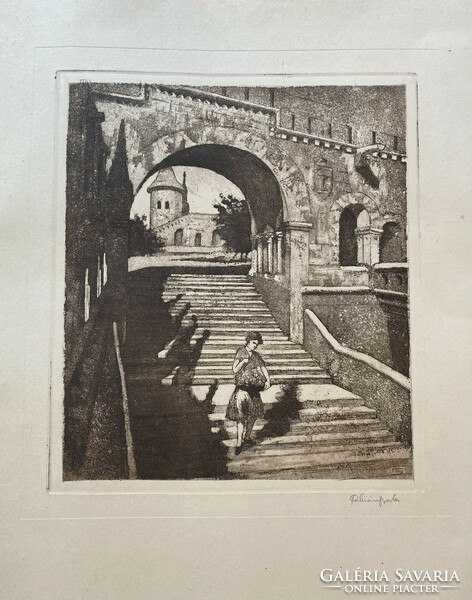 Gyula Fábián: on the steps of a fisherman's bastion - etching