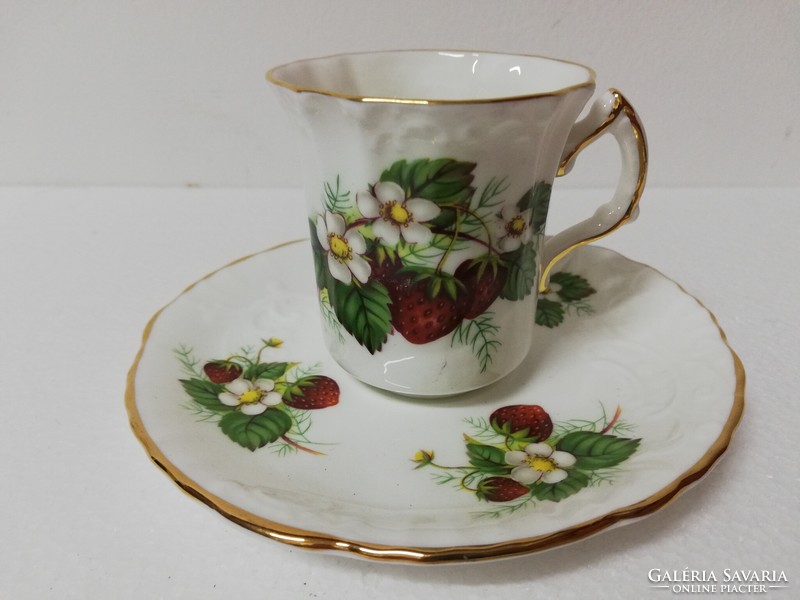 English porcelain strawberry coffee mug with saucer