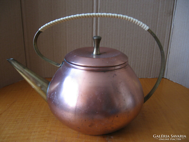 Retro copper tea pot with braided handle, 9 Jena glass cups in copper inserts for tea, mulled wine, coffee