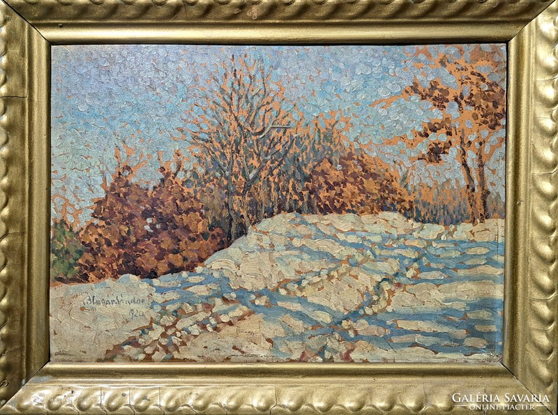 Oil painting by Sándor Blanár from 1920, painter from Salgótarján - landscape with trees