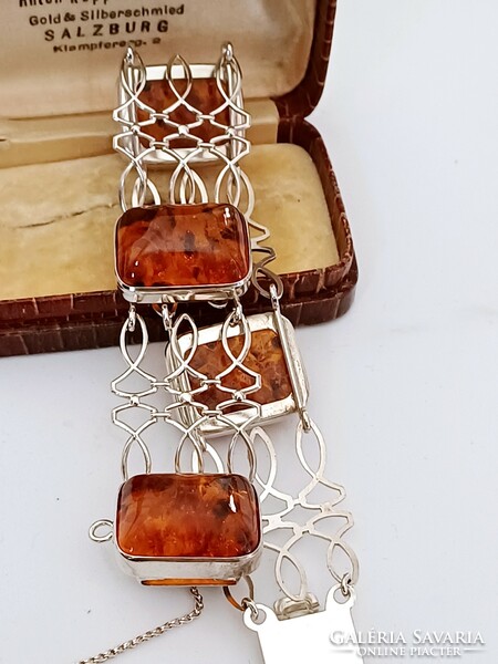 Wide antique silver bracelet with amber