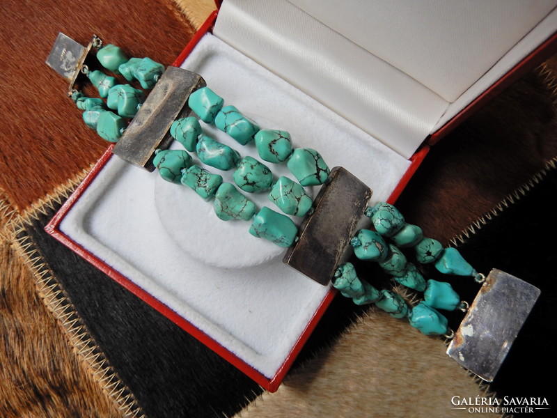 Old Chinese three-row silver bracelet with turquoise stones