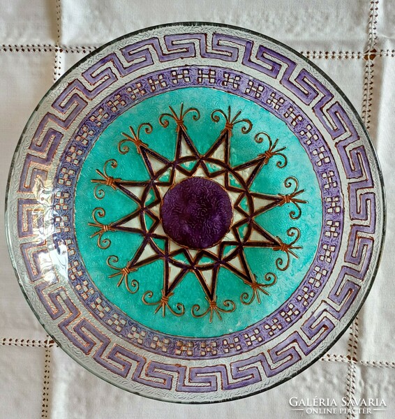 Görög mintás kézzel festett öntöttüveg kínáló tál / süteményes tál