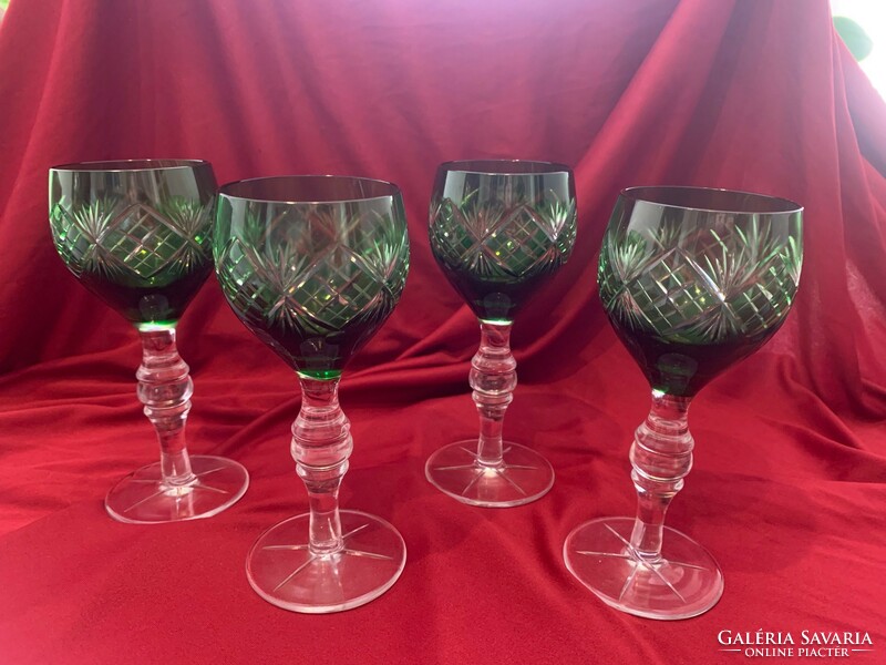 Set of 4 hand-cut green lead crystal stemmed wine glasses