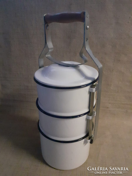Old, well-preserved, white enameled 3-part food barrel, with food