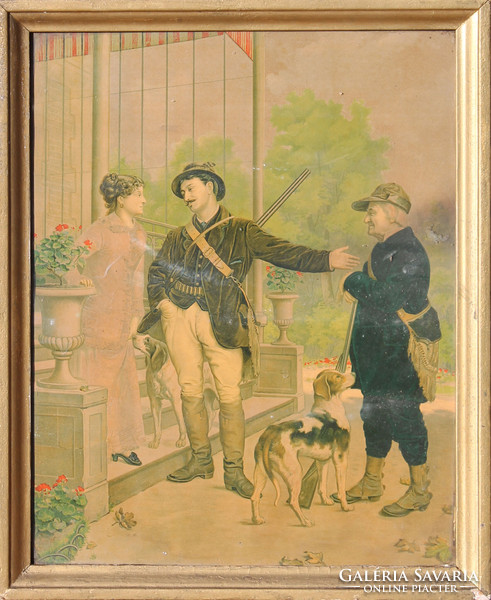 Vadászat előtt - 19. századi akvarell,nyomat