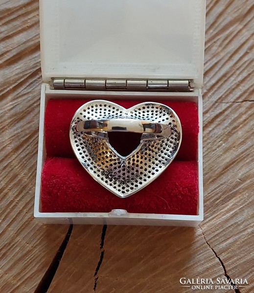 Very beautiful heart in heart silver ring with many colored zirconia stones