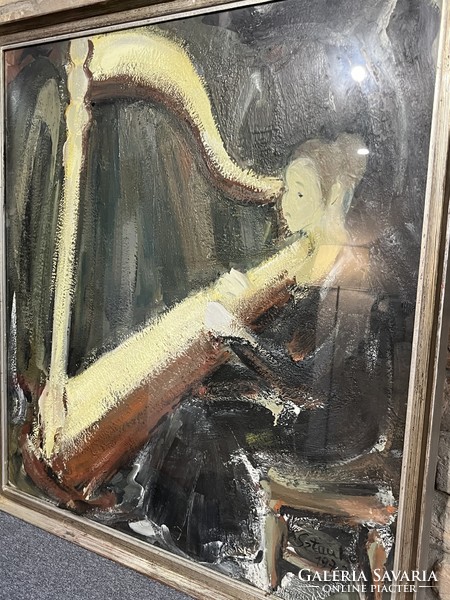 Judit Sztankó (1921- ? ) Female harpist oil