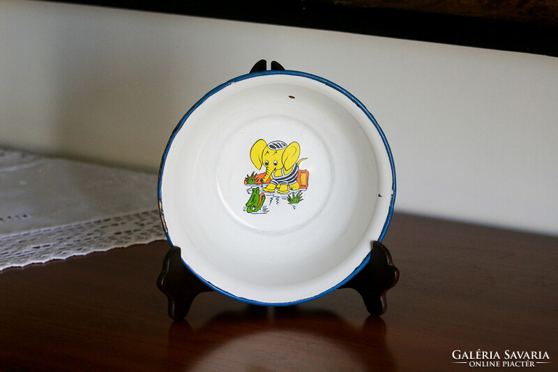 Enameled, fairytale character, children's bowl. A rarely found piece from Bonyhád.