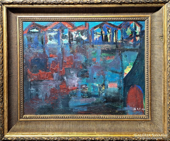 Night lights (oil painting in a frame) b. A. T. Signó, 1950s