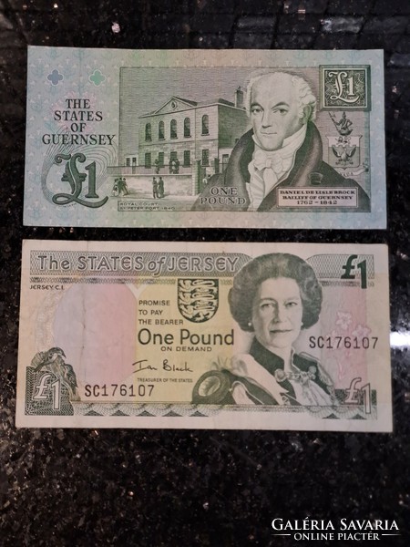 Guernsey 1 Pound 2016 és 1 font / 1 pound Jersey 1989 bankjegy  II. Erzsébet