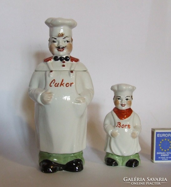 Old very cute figural porcelain sugar bowl and pepper shaker, spice holder-cook, cooker figurine